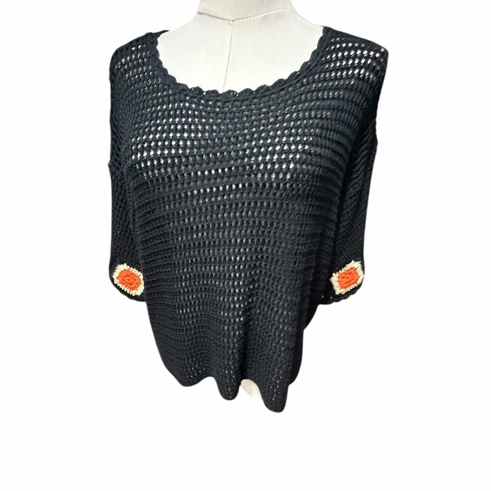 Elan Black Crochet Sweater with Dark Peachy Orange Floral Details Sz Medium